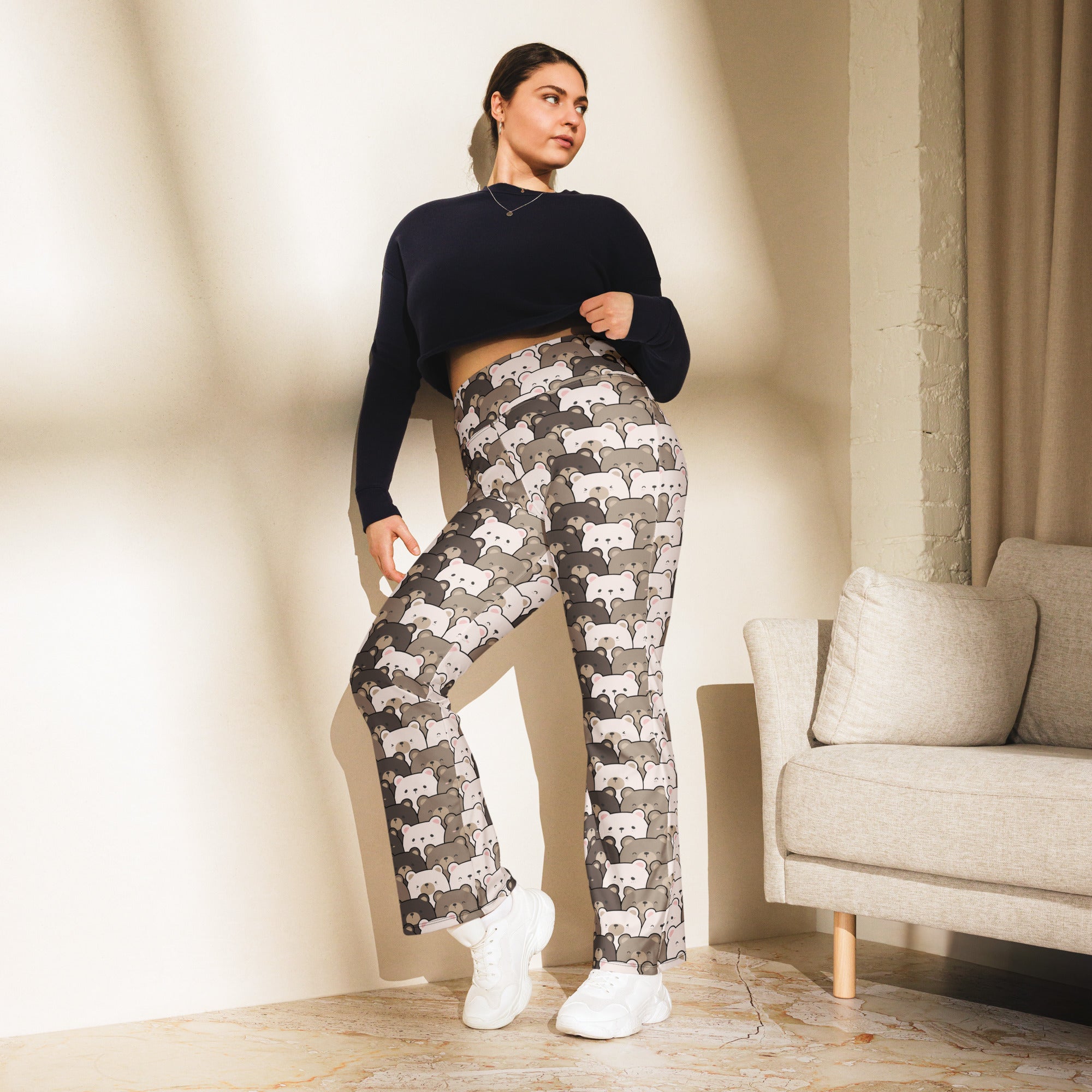 Women’s cute bear print high waist flare legging pants with gray and white cartoon bears on a light background