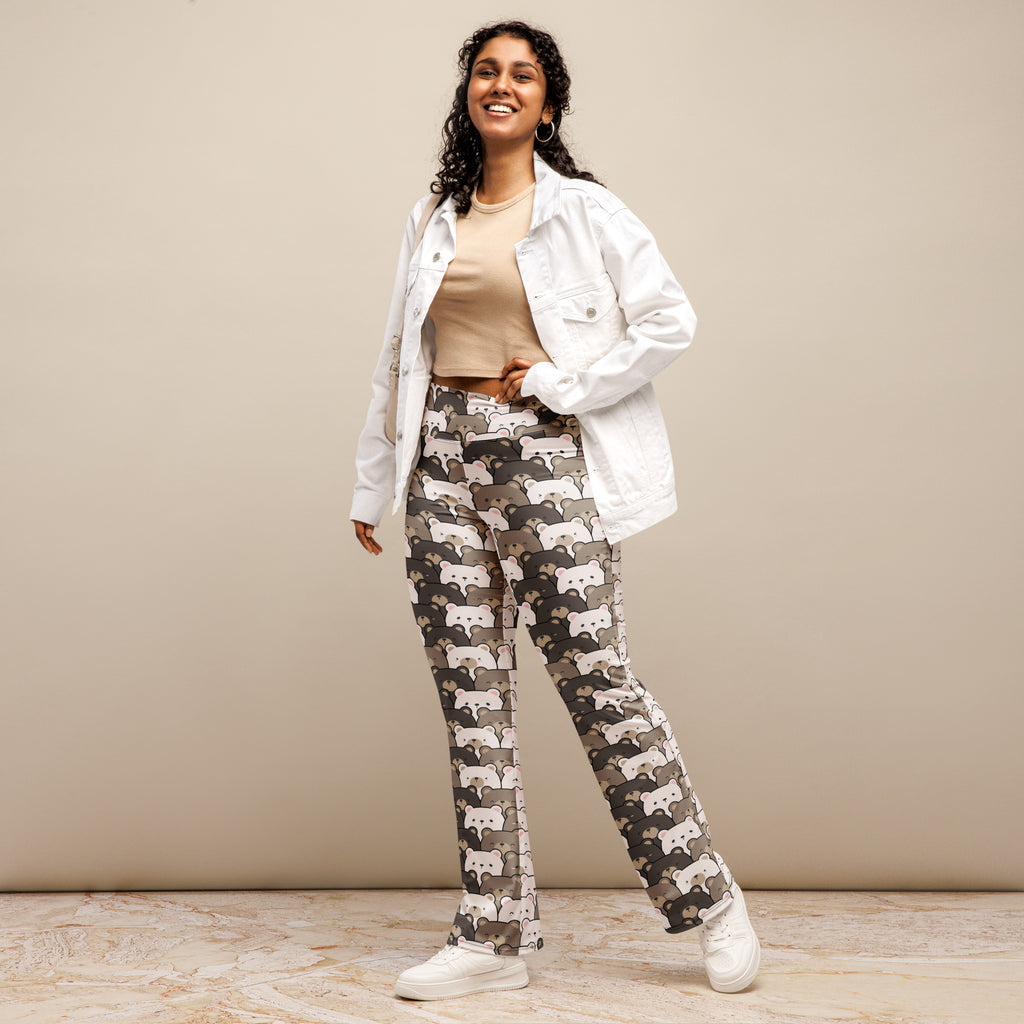 Women’s high waist flare legging pants with white and gray cartoon fox pattern on dark gray background