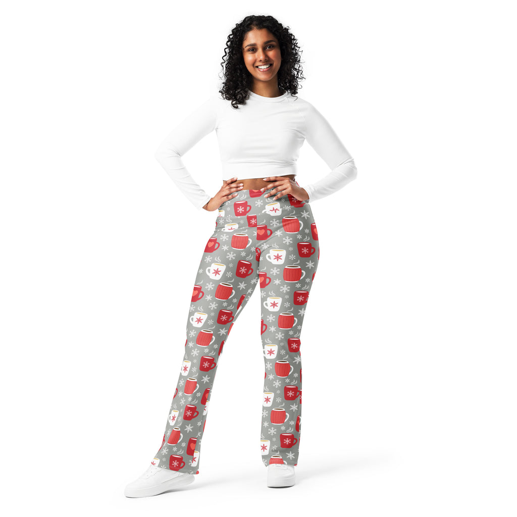 Women’s hot cocoa christmas high waist flare leggings in gray with festive red and white mugs and snowflake pattern