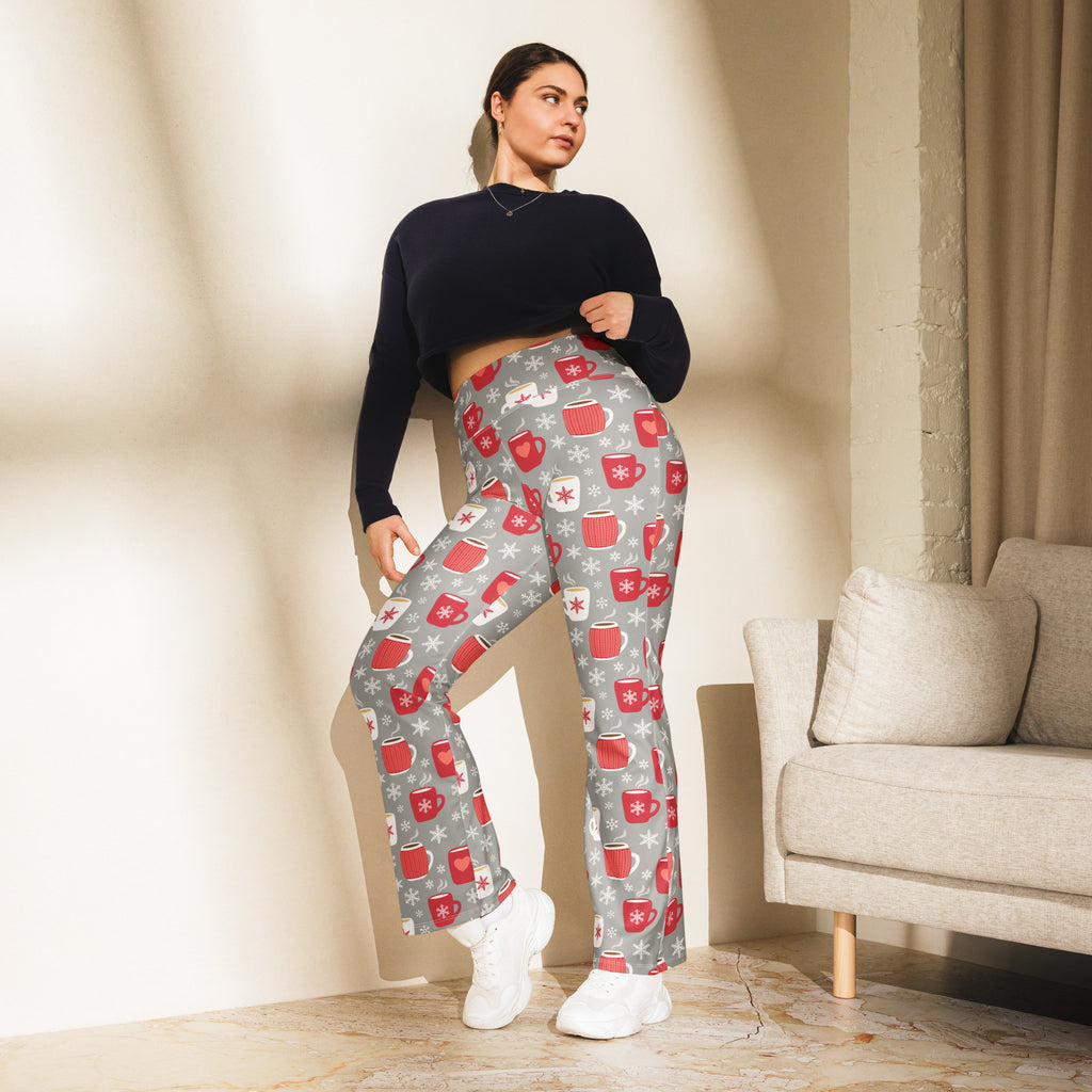 Women’s hot cocoa christmas high waist flare legging pants in gray with festive red and white mug snowflake pattern
