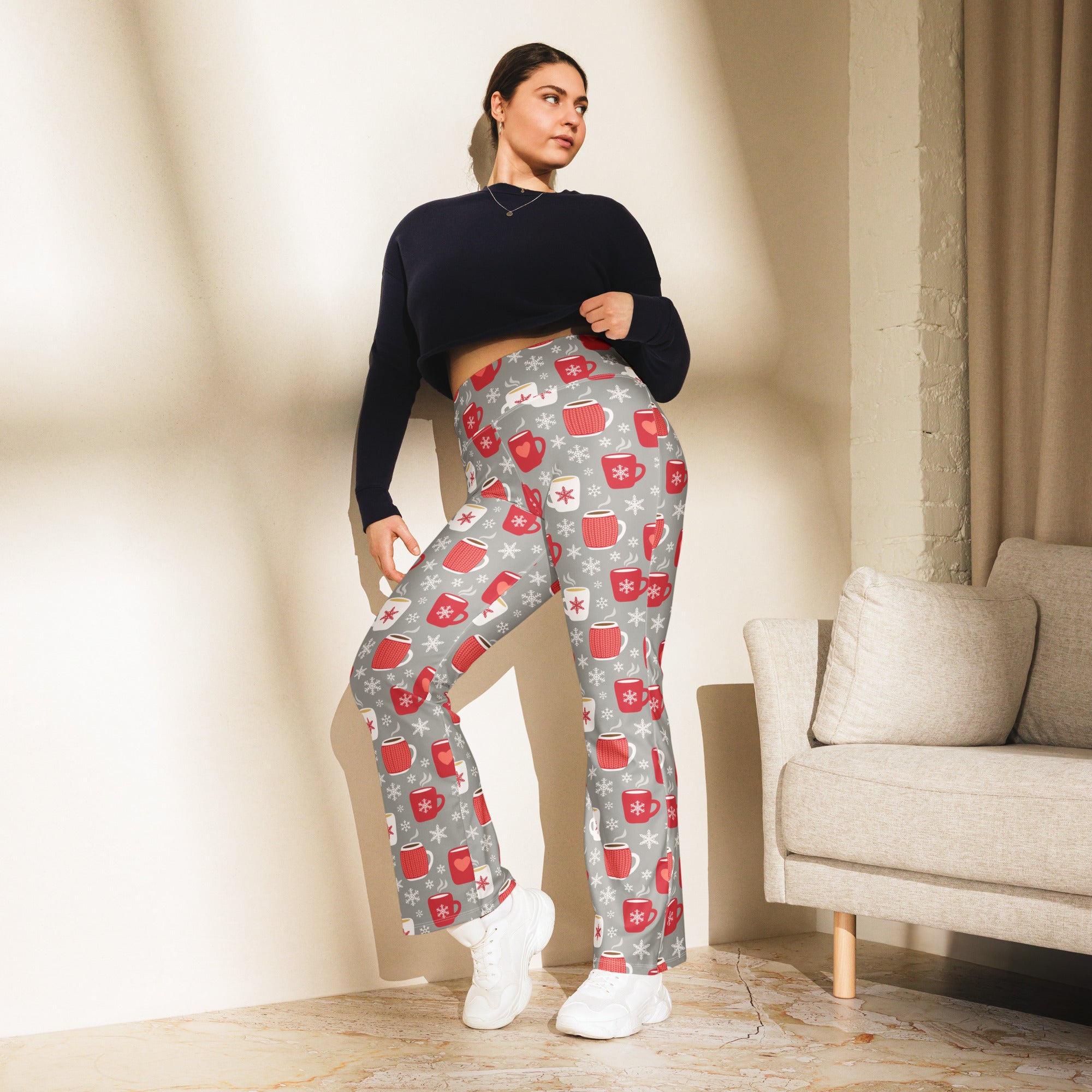 Women’s hot cocoa christmas high waist flare legging pants in gray with festive red and white mug snowflake pattern