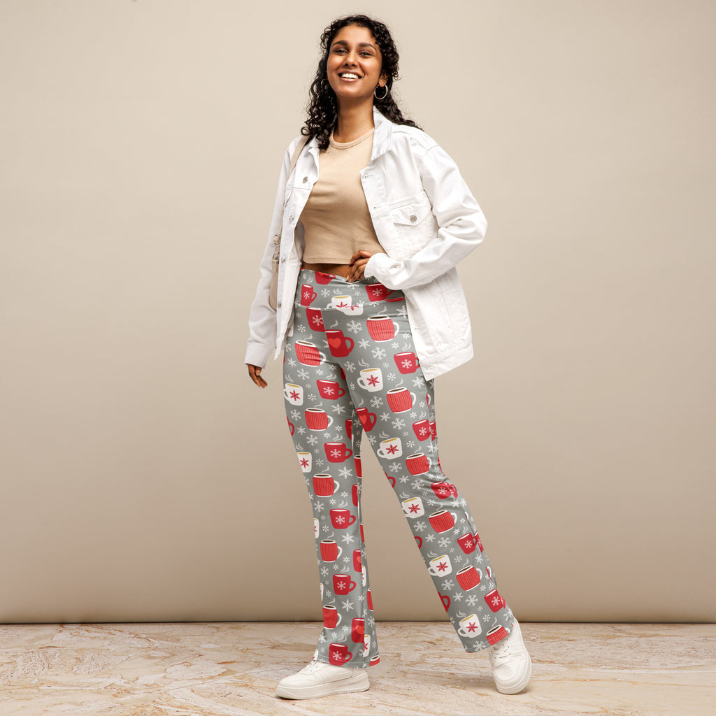 Women’s hot cocoa christmas high waist flare legging pants in gray with festive red mugs and white snowflakes pattern
