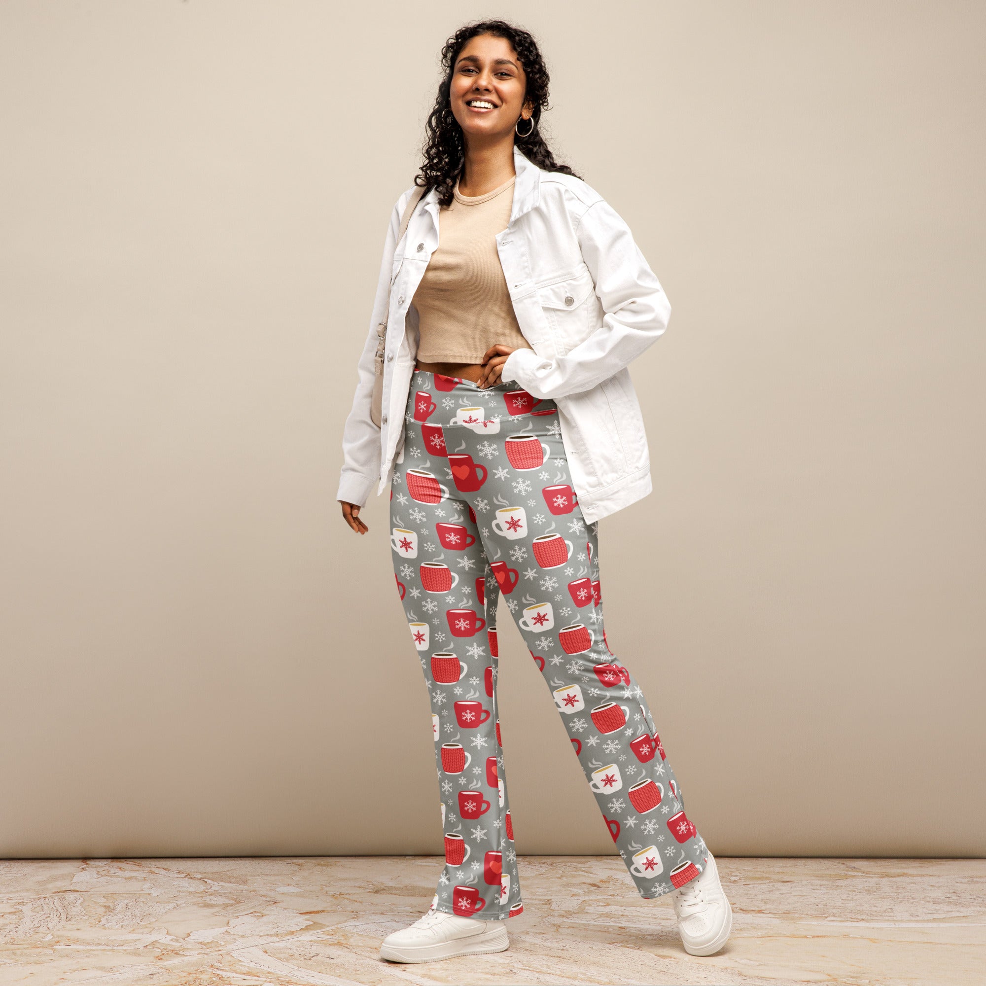 Women’s hot cocoa christmas high waist flare legging pants in gray with festive red mugs and white snowflakes pattern