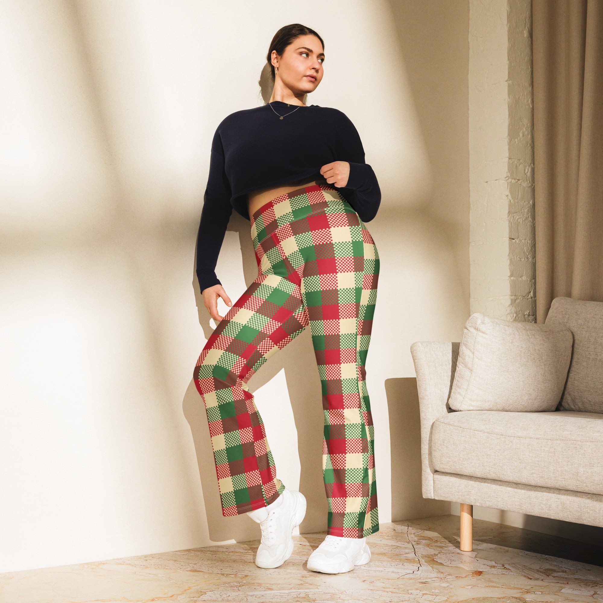 Women’s christmas plaid high waist flare legging pants in red green and cream for festive holiday wear