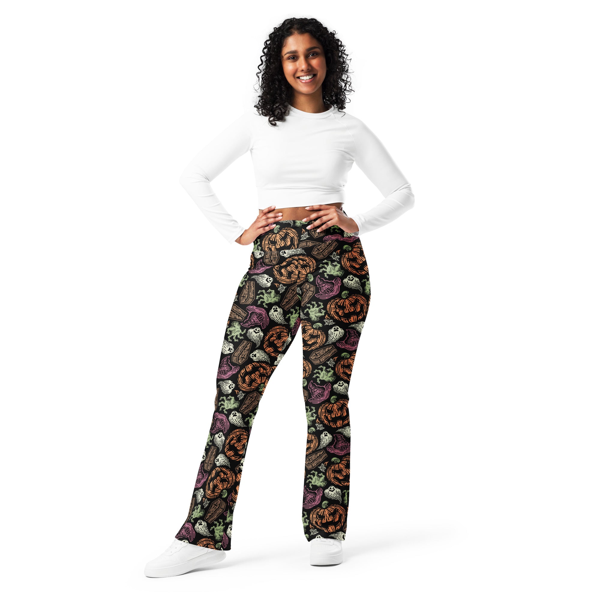 Women’s creepy halloween high waist flare leggings in black with vibrant orange purple and green pumpkin ghost and bat pattern
