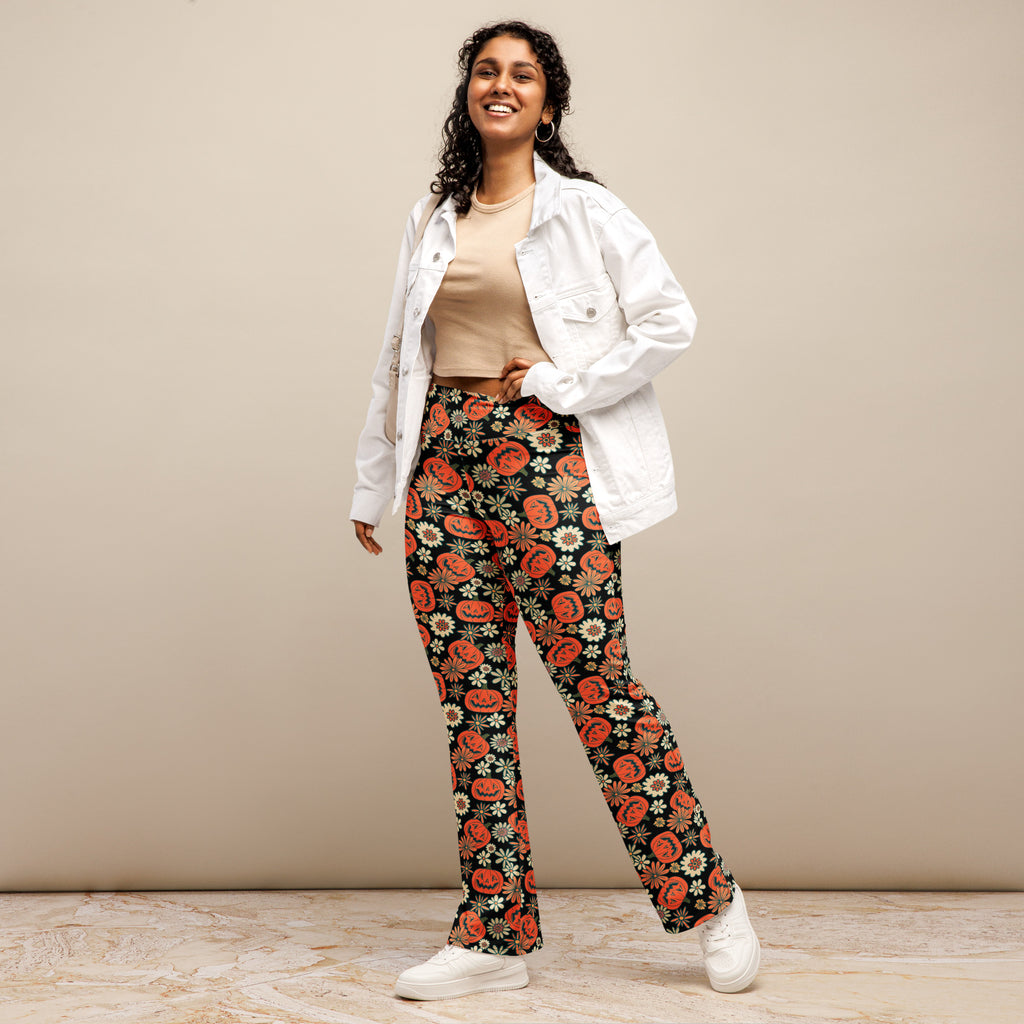 Women’s retro halloween high waist black flare legging pants with orange pumpkins and white daisies pattern
