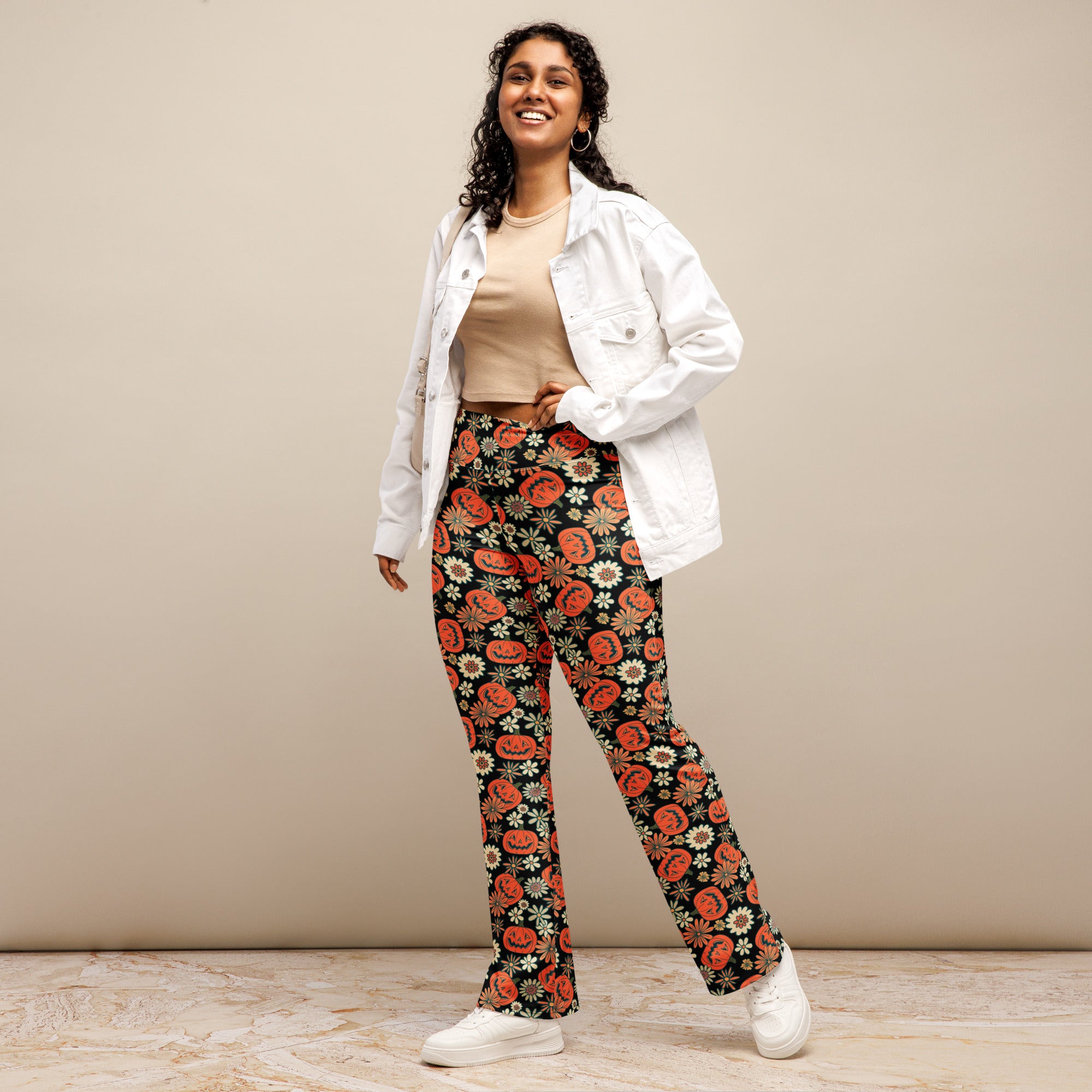 Women’s retro halloween high waist black flare legging pants with orange pumpkins and white daisies pattern