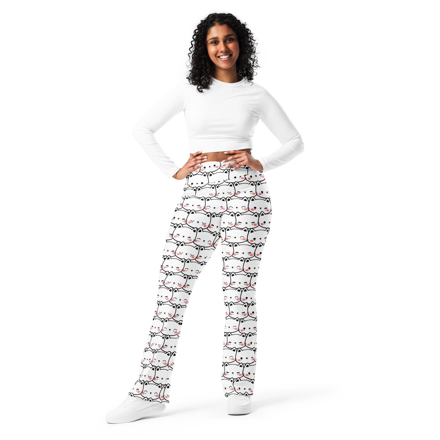 Women's White Cat Print High Waist Flare Legging Pants
