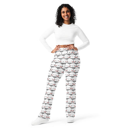 Women's White Cat Print High Waist Flare Legging Pants