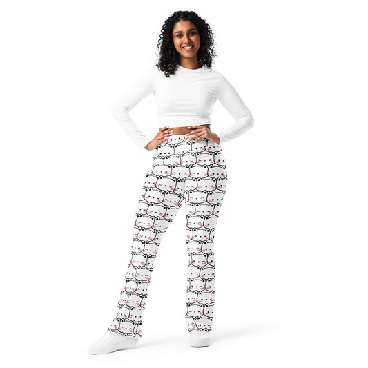 Women's White Cat Print High Waist Flare Legging Pants
