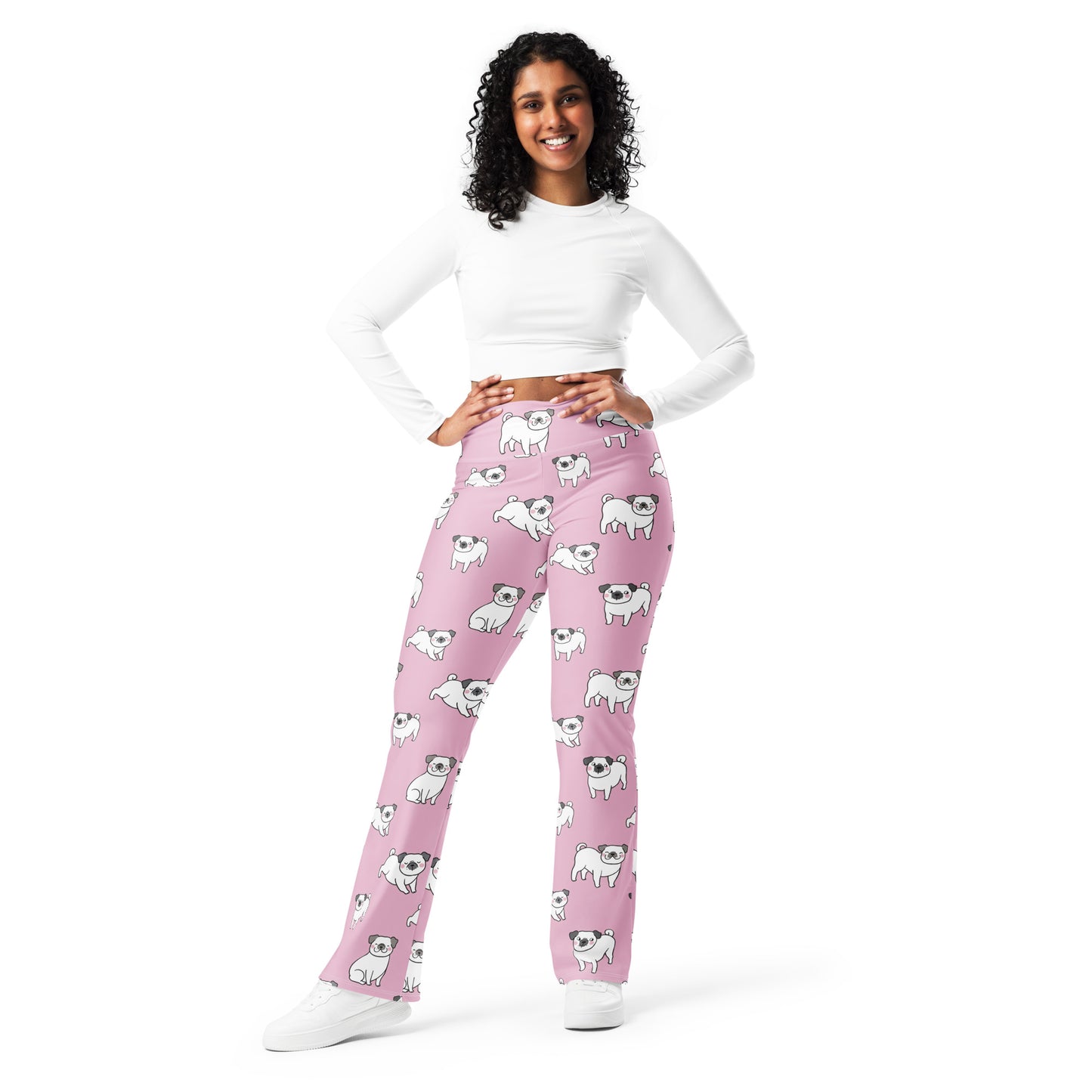 Women's Pink Pug Dog High Waist Flare Legging Pants