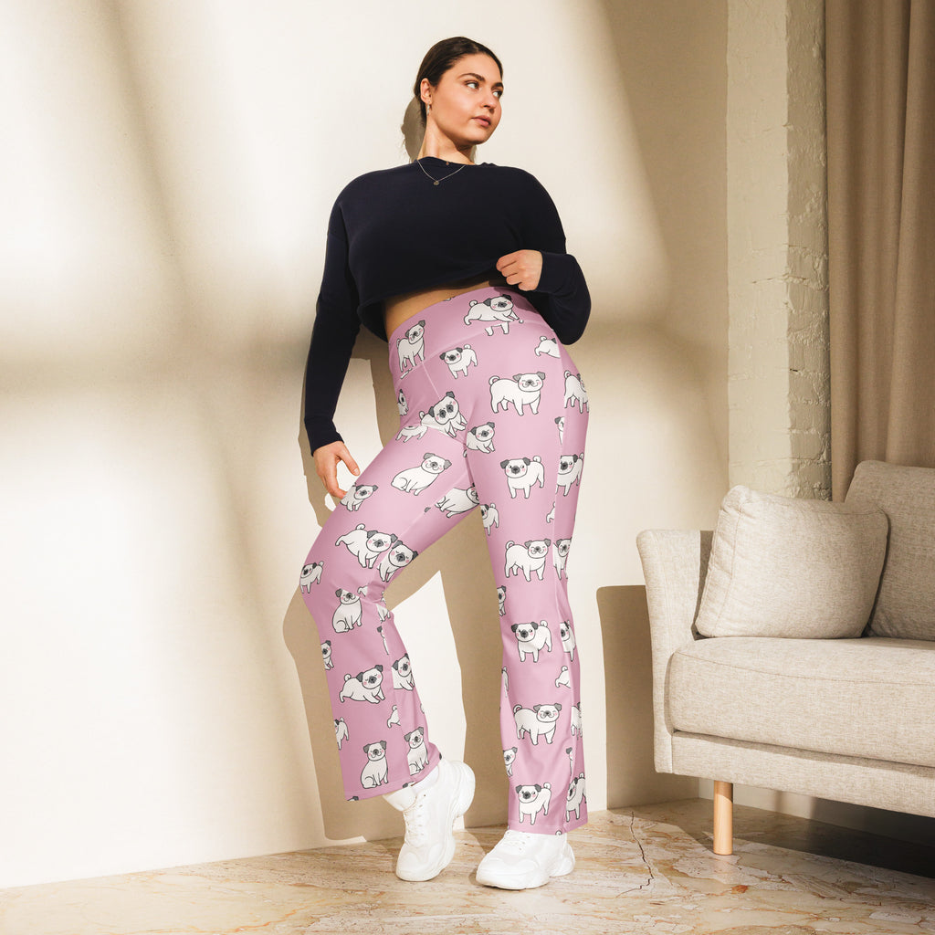 Women’s pink plus-size high waist flare legging pants with playful white pug dog pattern