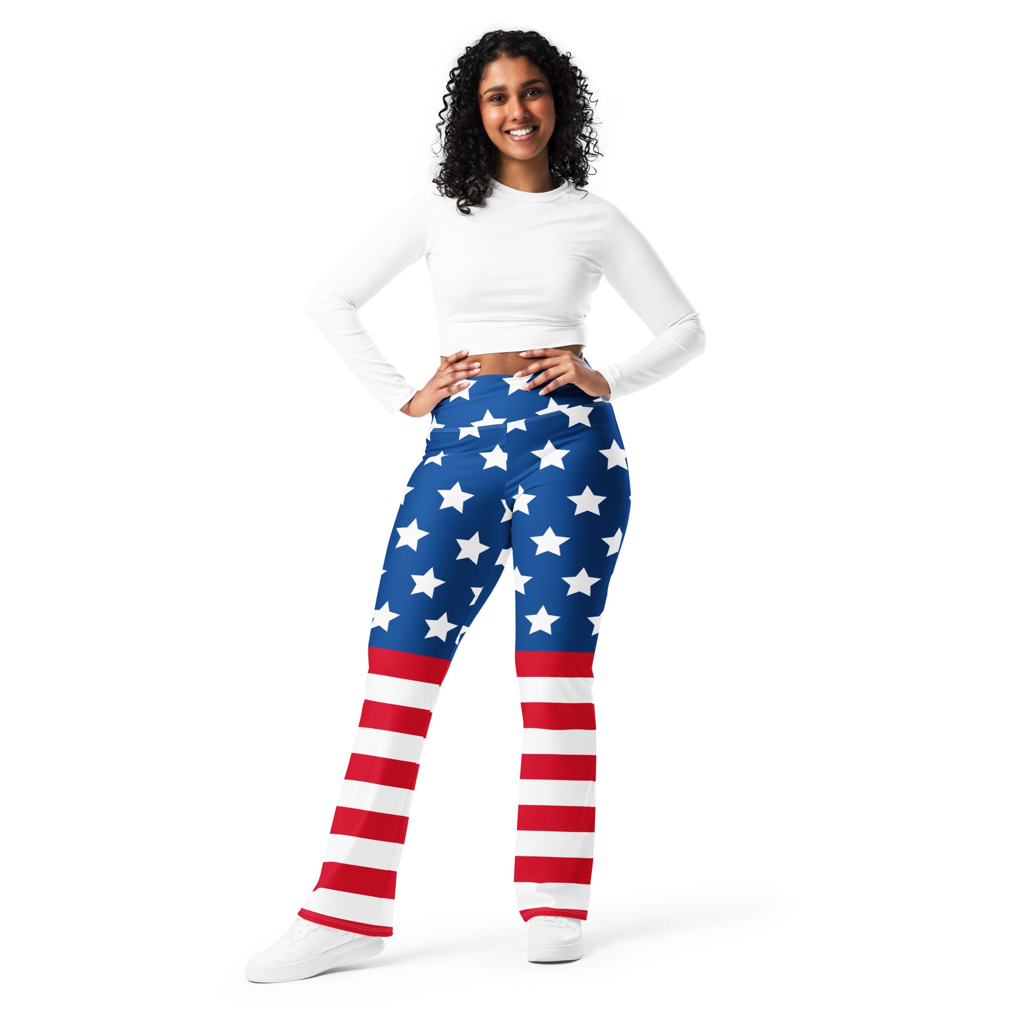 Women’s american flag high waist flare leggings with blue star top and red white striped flare legs