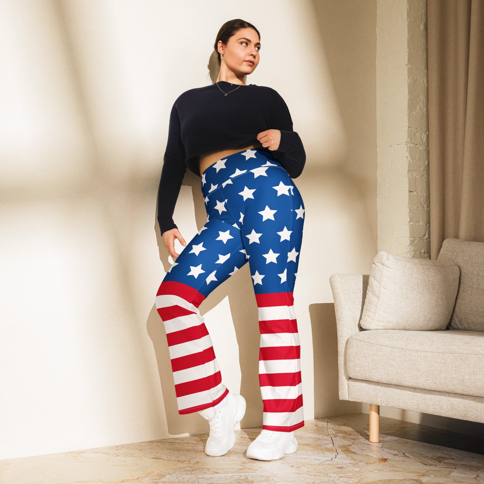 Women’s american flag high waist flare legging pants in blue red and white with star and stripe pattern design