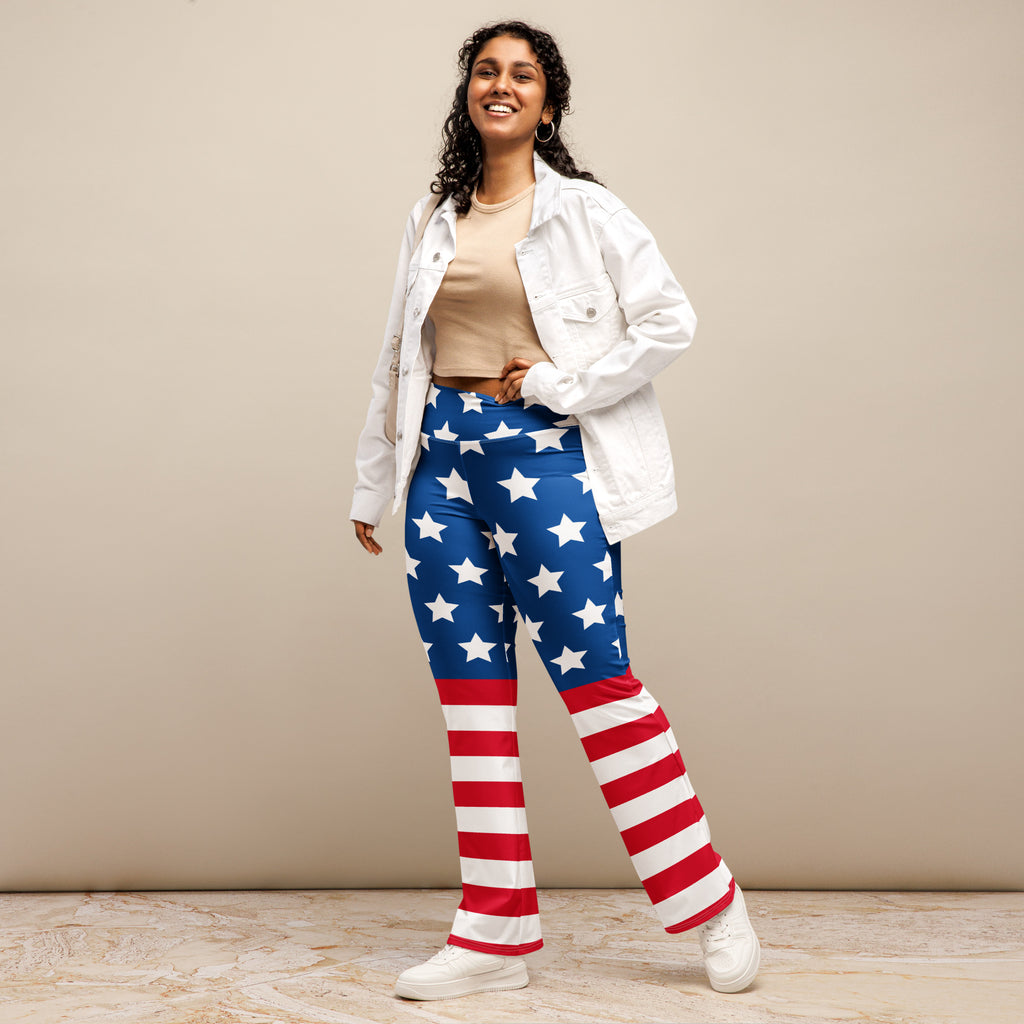 Women’s american flag high waist flare legging pants featuring blue and red star patterned fabric
