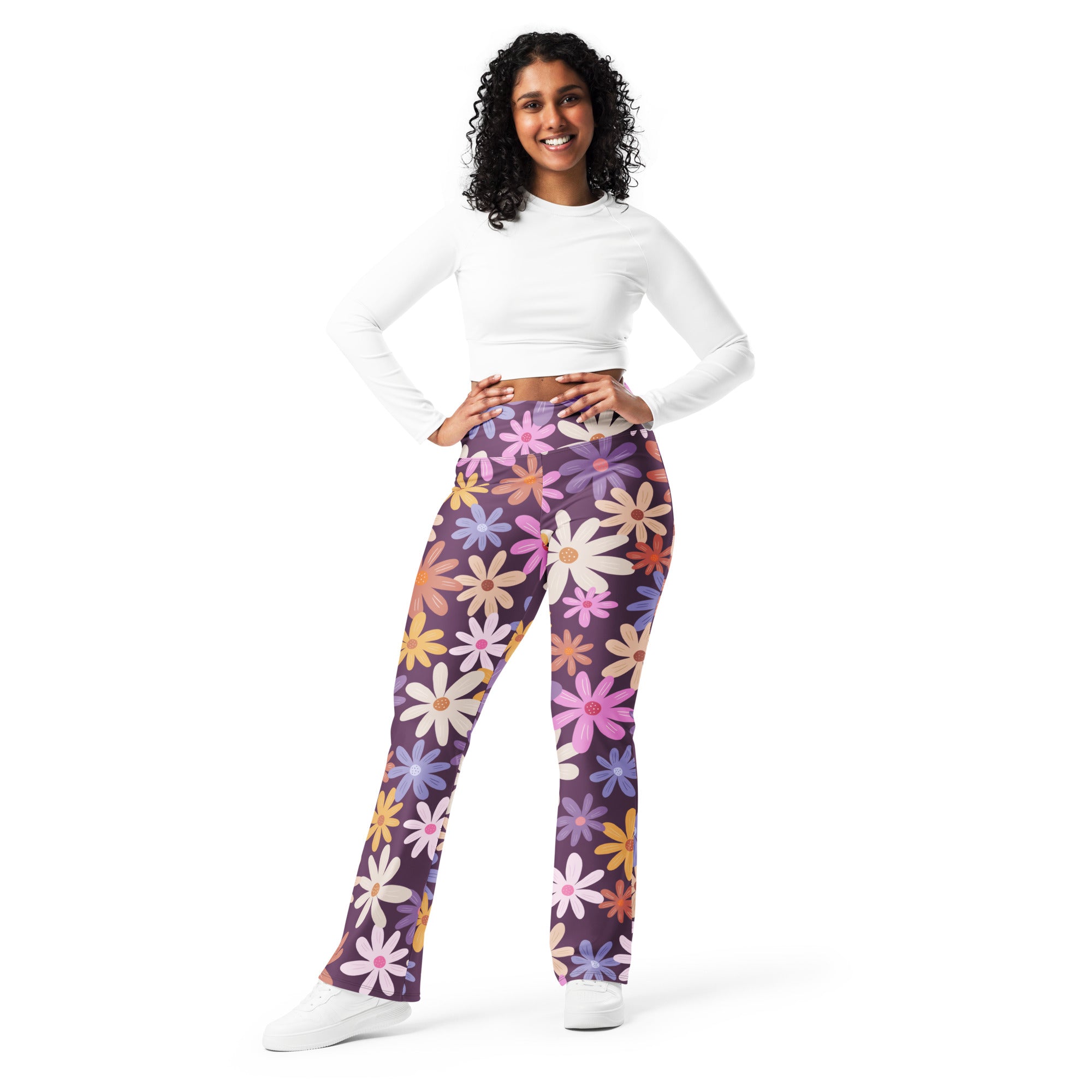 Women’s retro purple high waist flare legging pants with floral pattern featuring pink white and yellow daisies
