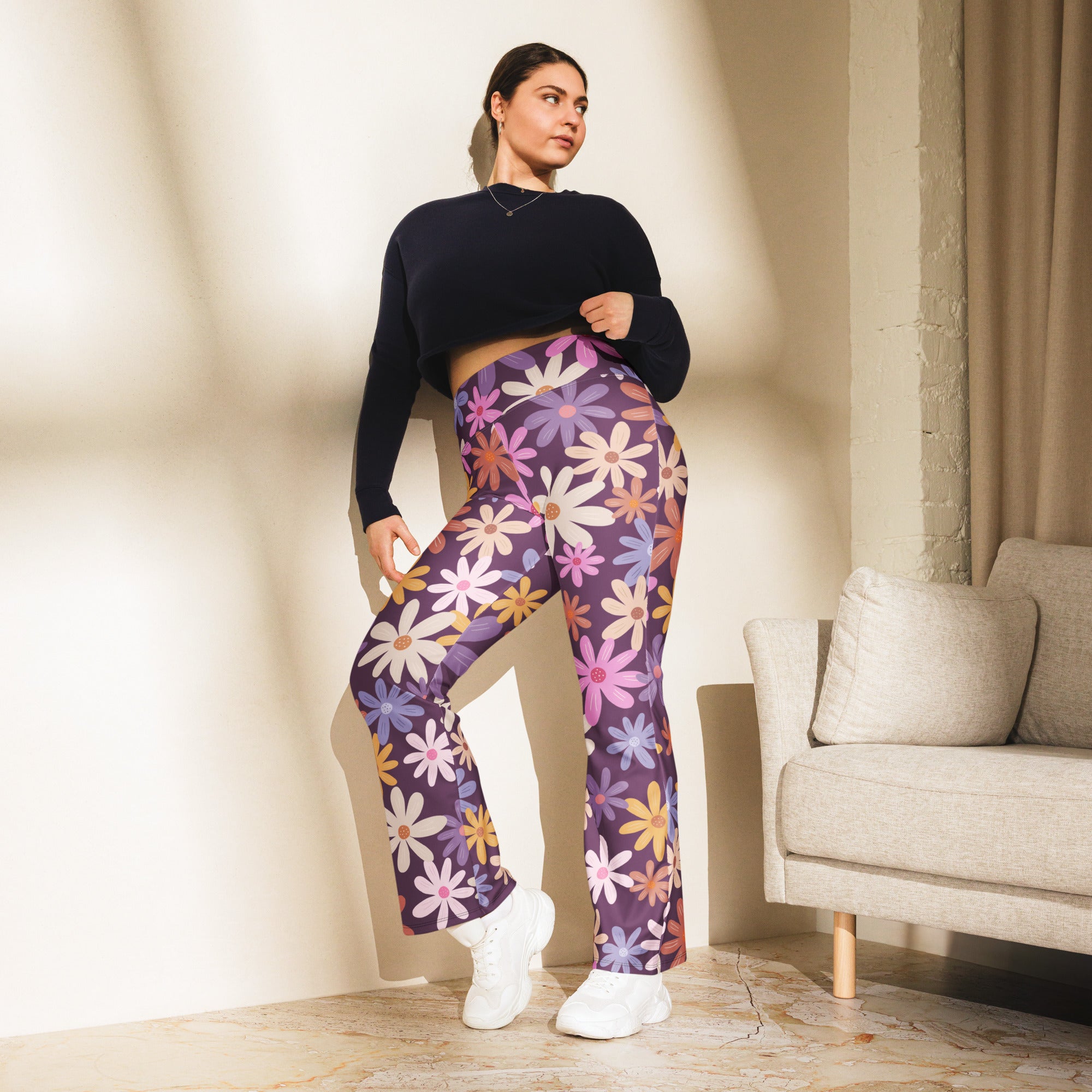 Women’s retro purple daisy high waist flare legging pants featuring wide-leg cut and vibrant pink white yellow floral print