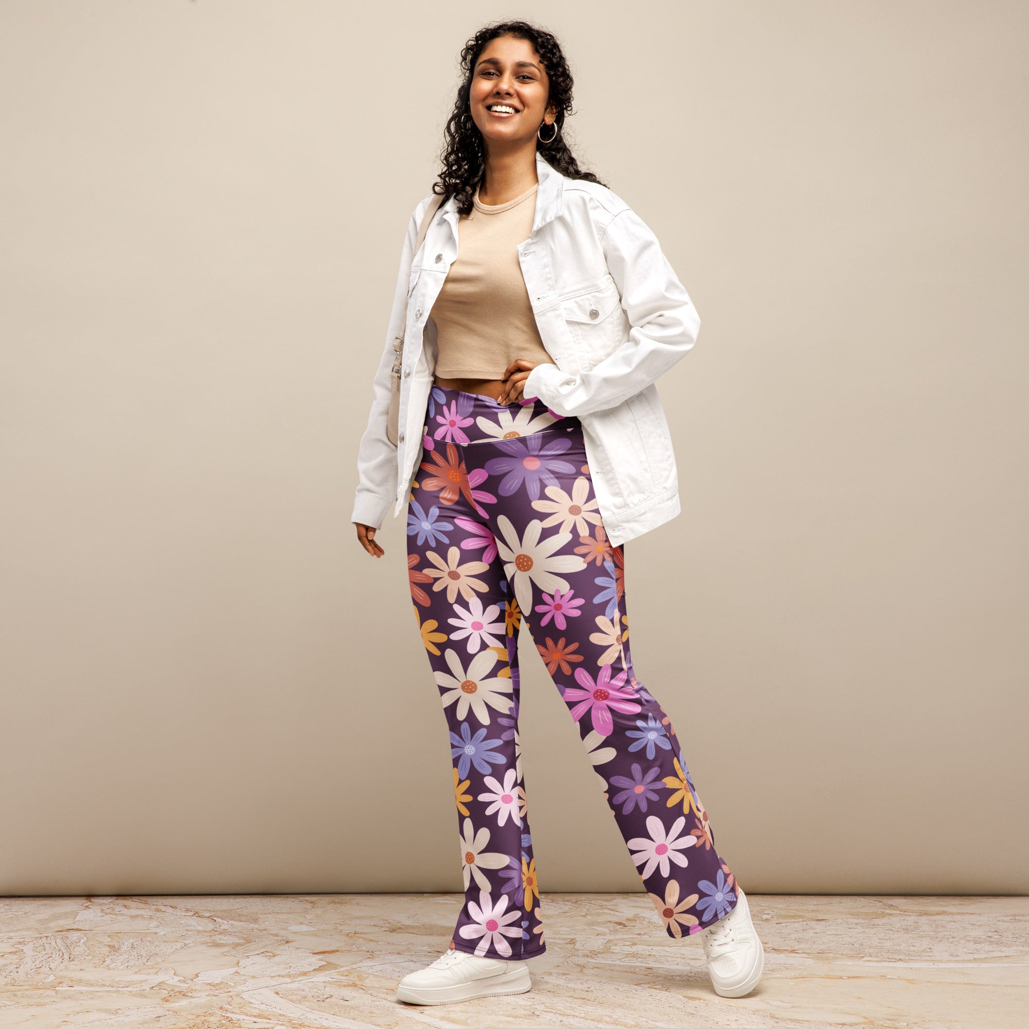 Women’s retro purple high waist flare legging pants with multicolored daisy floral print