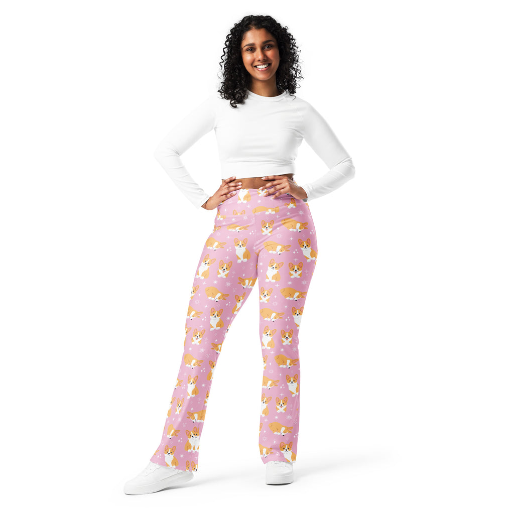 Women’s pink corgi dog high waist flare legging pants with a soft stretchy fabric and vibrant corgi print