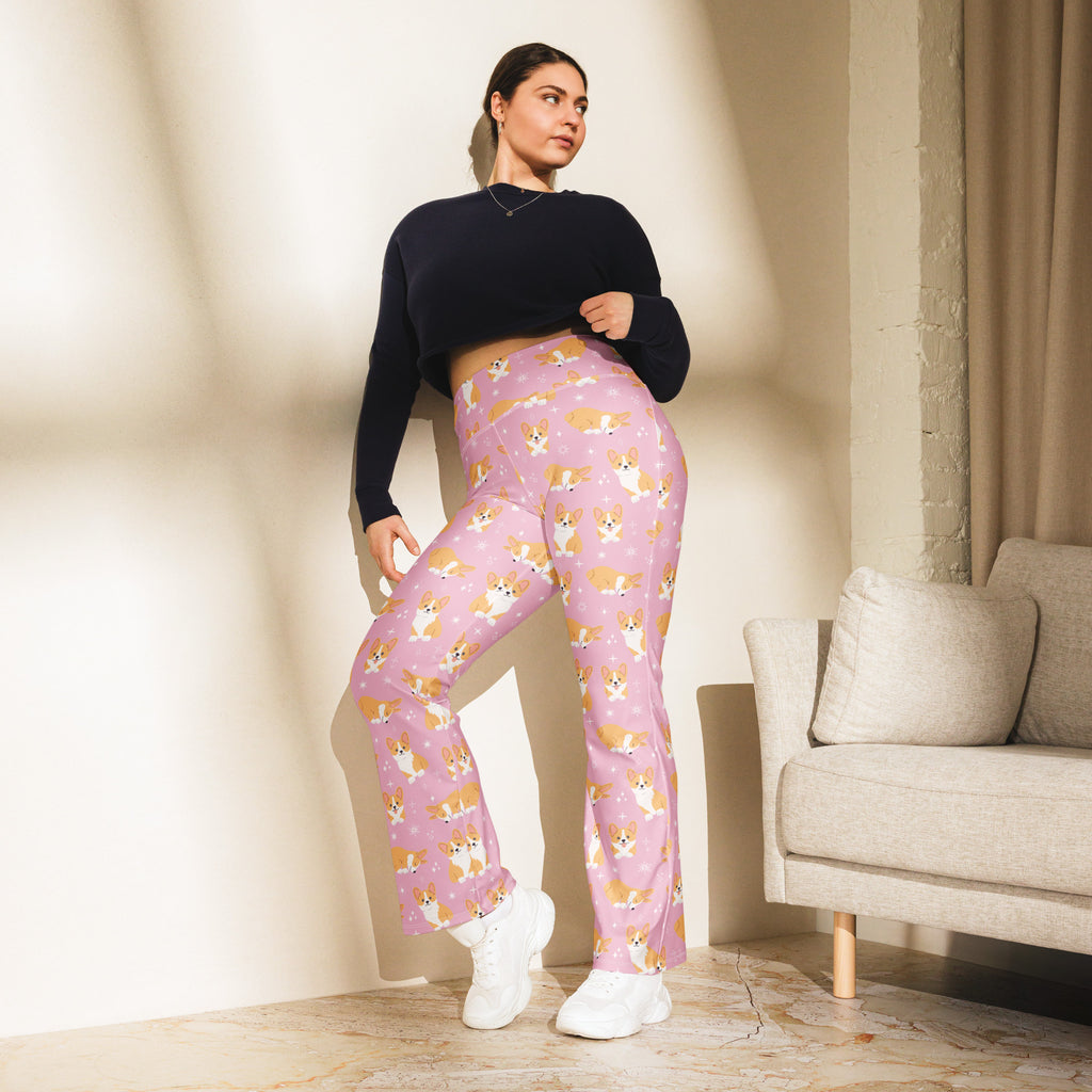 Women’s pink corgi dog high waist flare leggings with plus size fit and playful dog pattern
