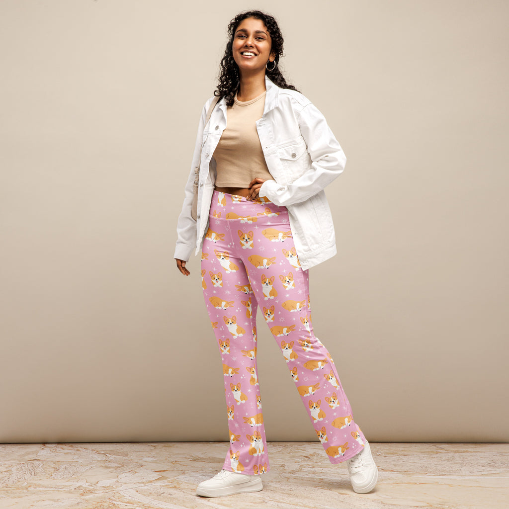 Women’s pink corgi dog high waist flare legging pants featuring a playful dog pattern and stretchy comfortable fabric