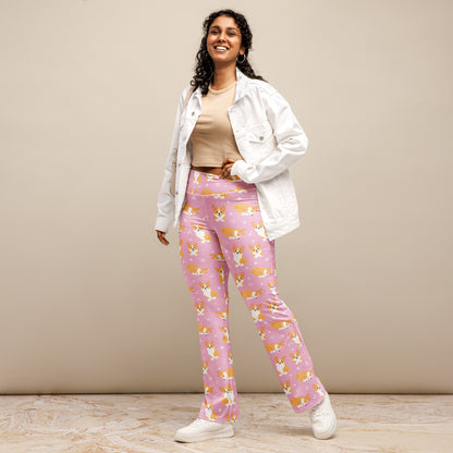 Women's Pink Corgi Dog High Waist Flare Legging Pants