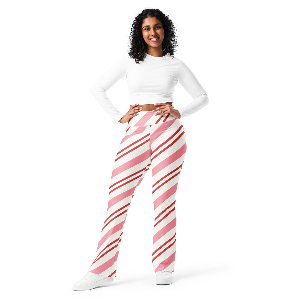 Women’s pink candy cane stripes high waist flare leggings with pink and white diagonal stripes in soft fabric