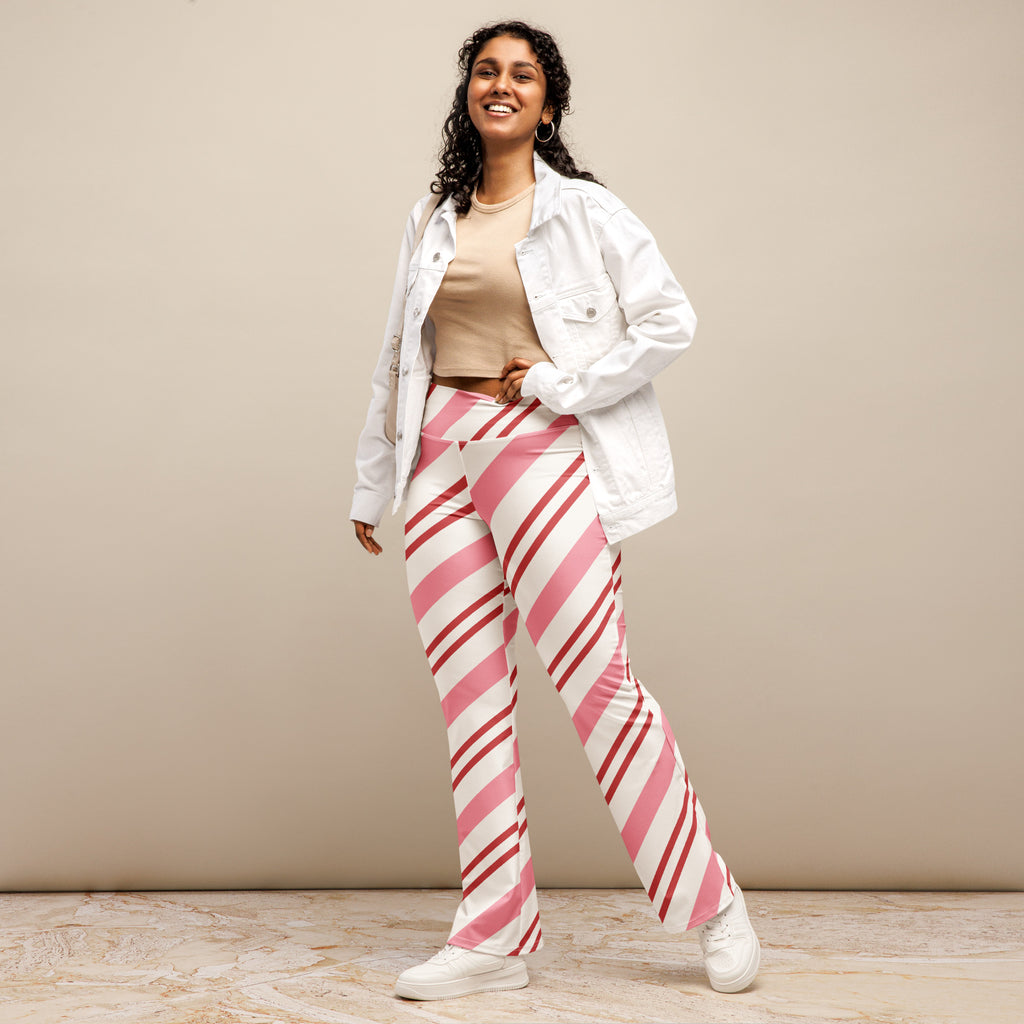Women’s pink candy cane stripes high waist flare legging pants with pink and white diagonal stripes in soft fabric
