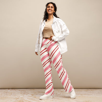 Women's Pink Candy Cane Stripes High Waist Flare Legging Pants