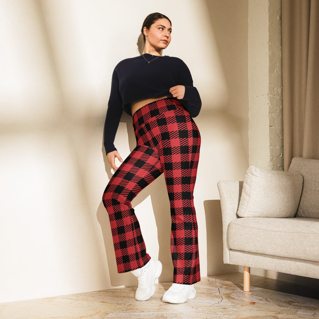 Women’s red buffalo plaid high waist flare legging pants featuring red and black plaid fabric and flared design