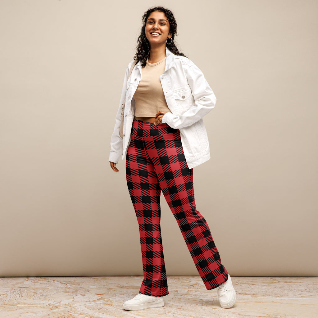 Women’s red buffalo plaid high waist flare legging pants in red and black plaid fabric front view