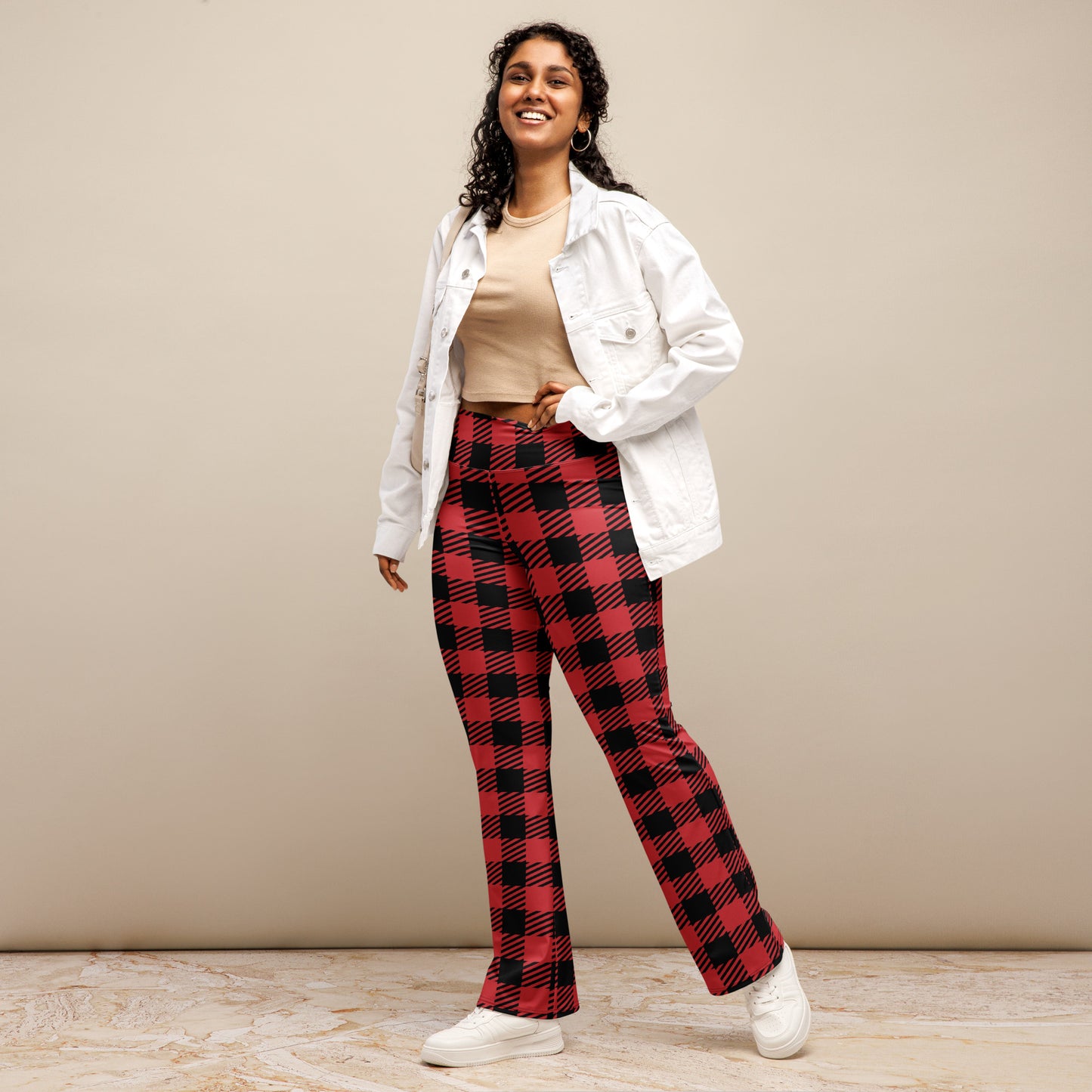 Women's Red Buffalo Plaid High Waist Flare Legging Pants
