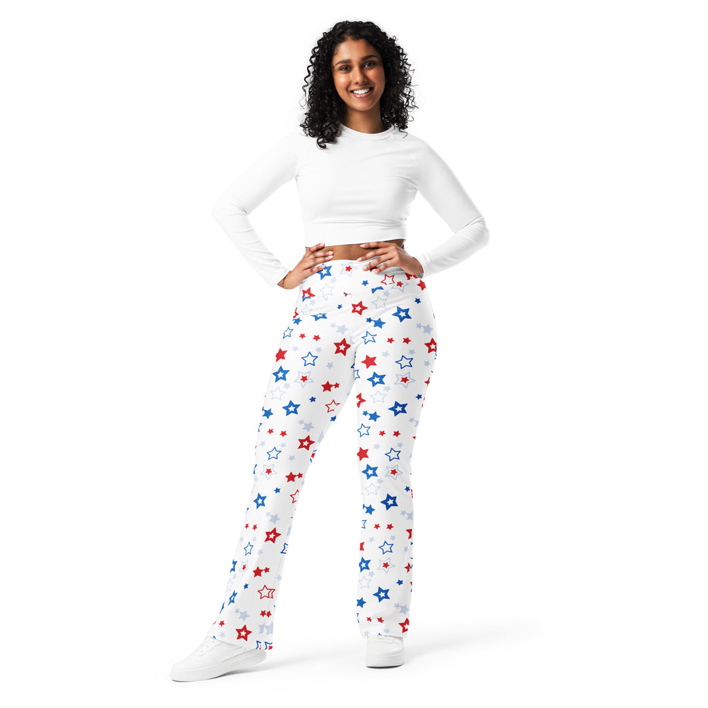 Women’s red white and blue stars high waist flare leggings with playful all over white star pattern in red and blue
