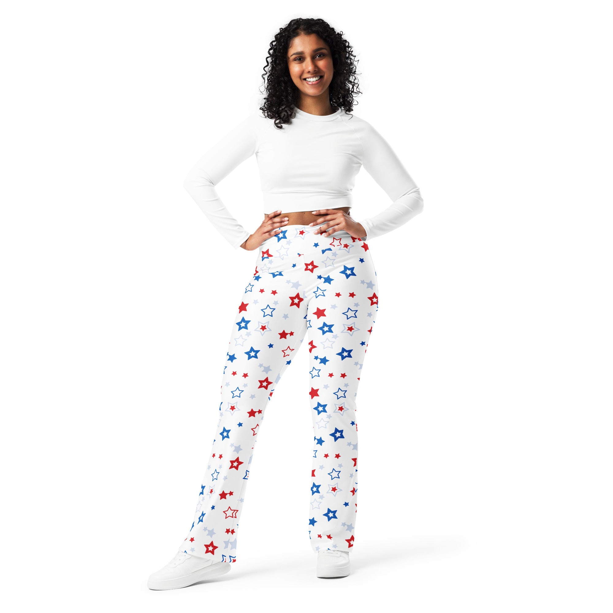 Women’s red white and blue stars high waist flare leggings with playful all over white star pattern in red and blue