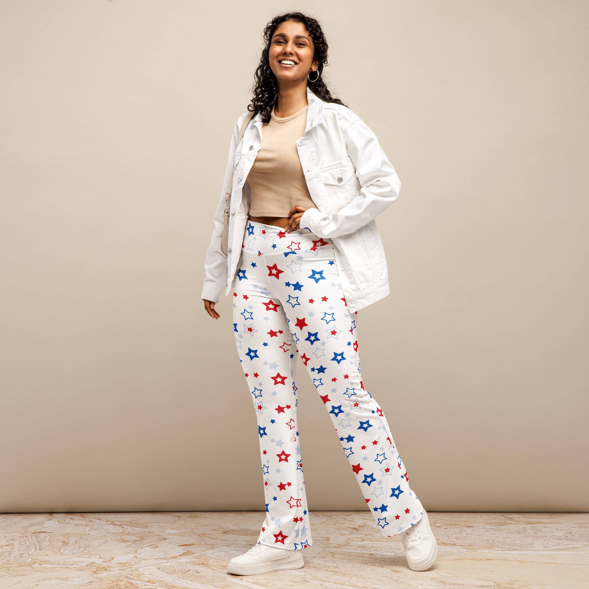 White high waist flare legging pants with red and blue star pattern for women