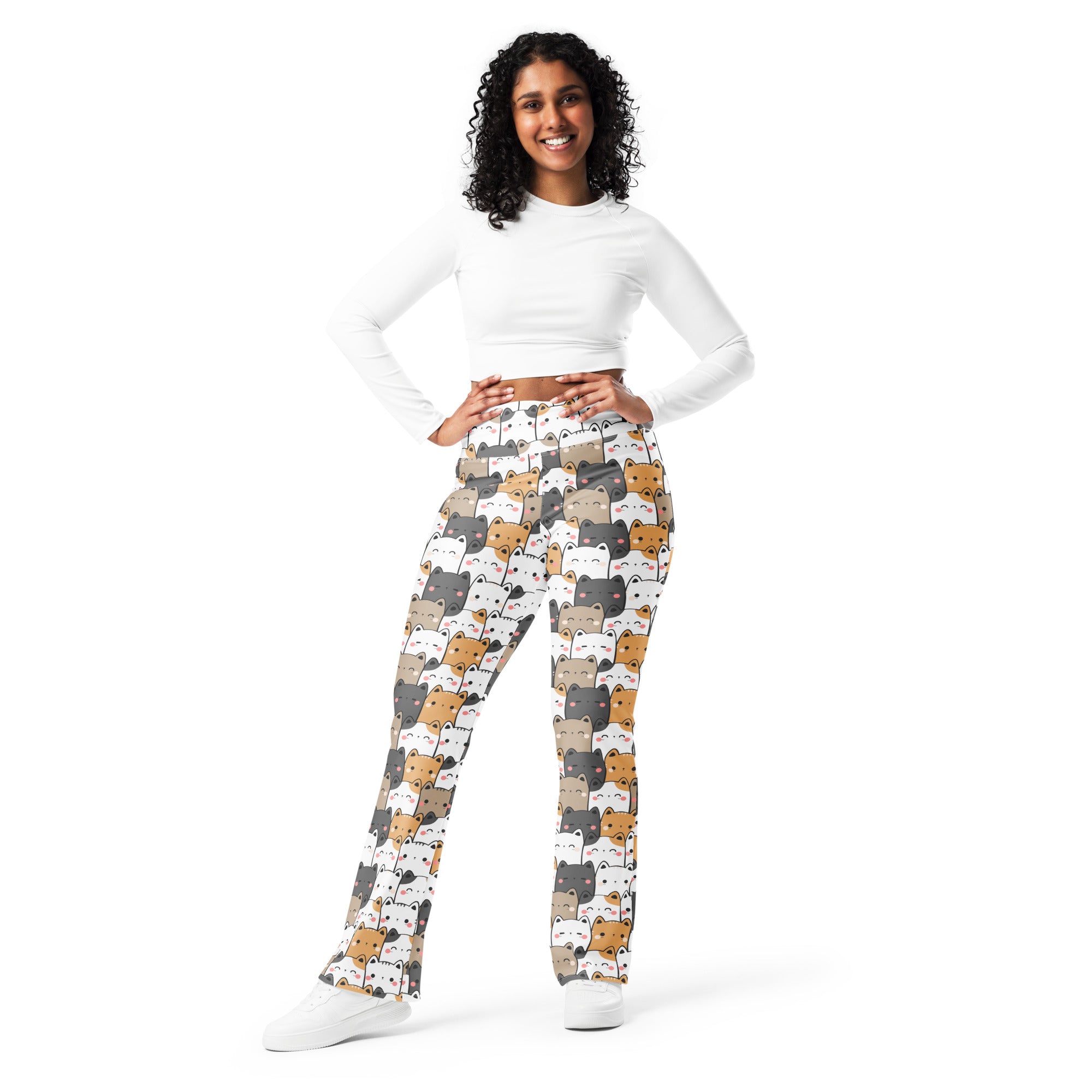 Women's Kawaii Cat High Waist Flare Legging Pants