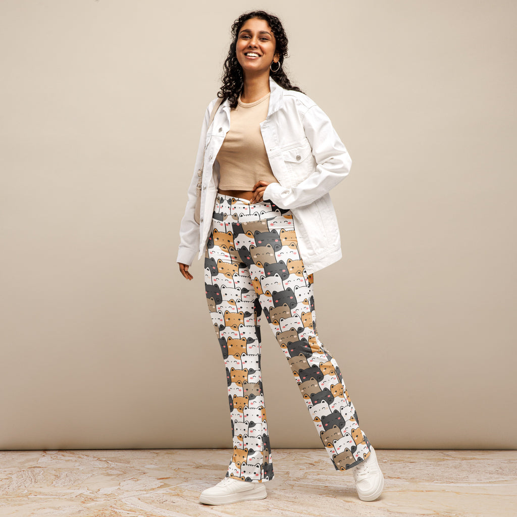 Women's Kawaii Cat High Waist Flare Legging Pants