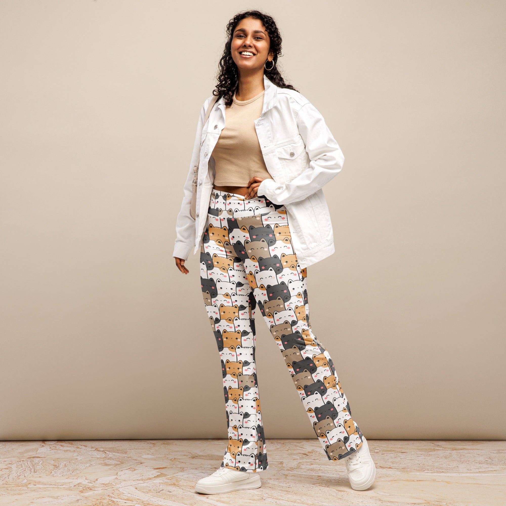 Women's Kawaii Cat High Waist Flare Legging Pants