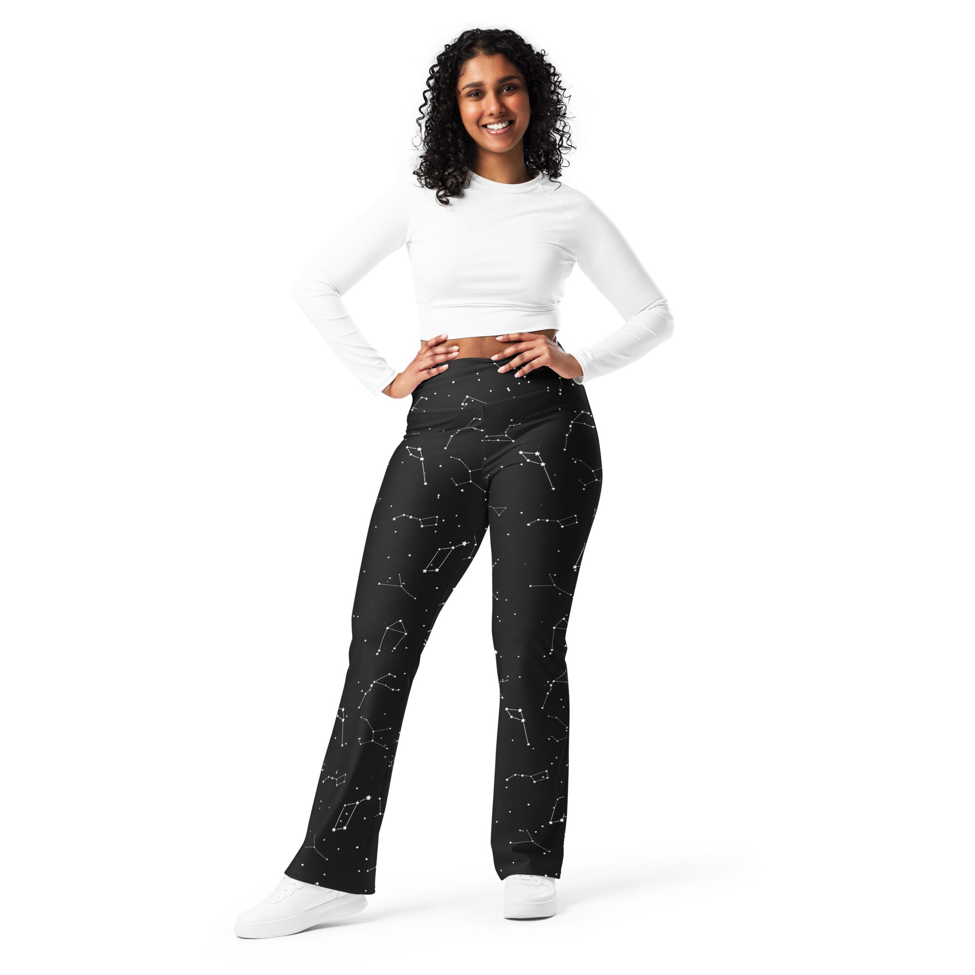 Women’s realistic constellations high waist flare legging pants in black with a white constellation pattern