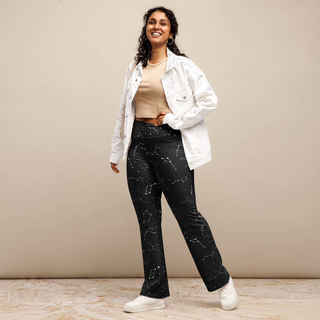 Women’s high waist black flare legging pants with white realistic constellation pattern for stylish wear