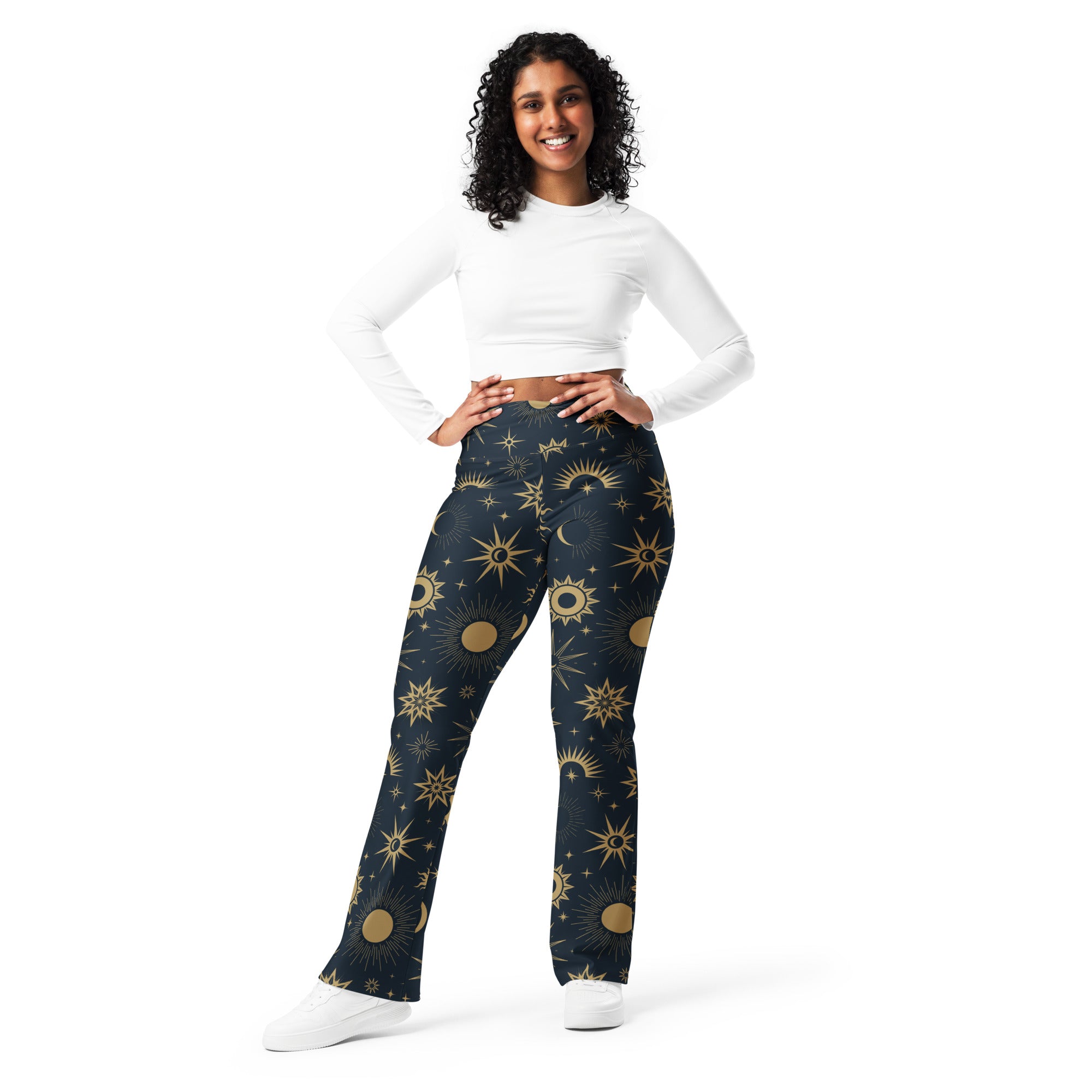 Dark blue high waist flare legging pants with gold celestial sun moon and star pattern for women