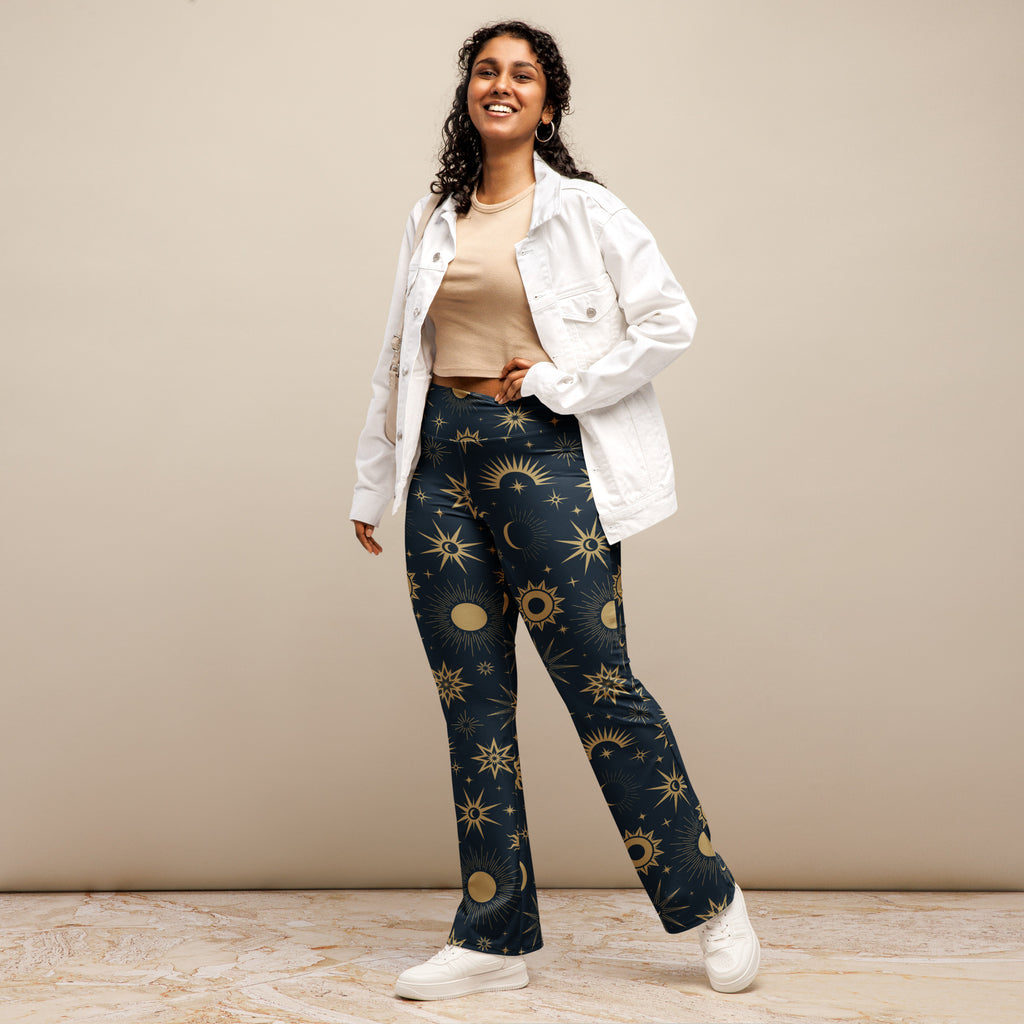 Women’s celestial sun and moon high waist flare legging pants in dark blue with gold celestial pattern