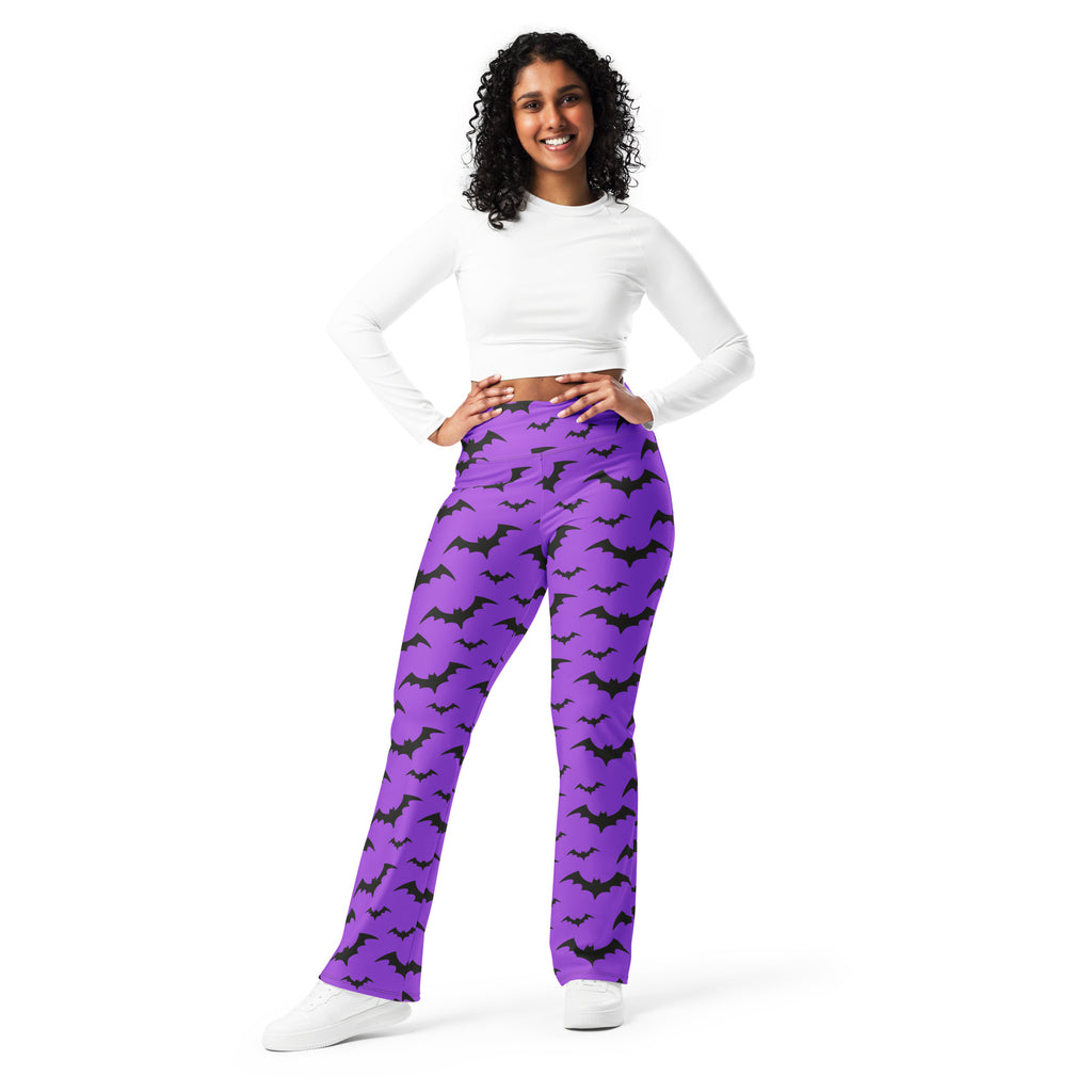 Women’s purple high waist flare leggings with bat patterns perfect for halloween costume or festive wear