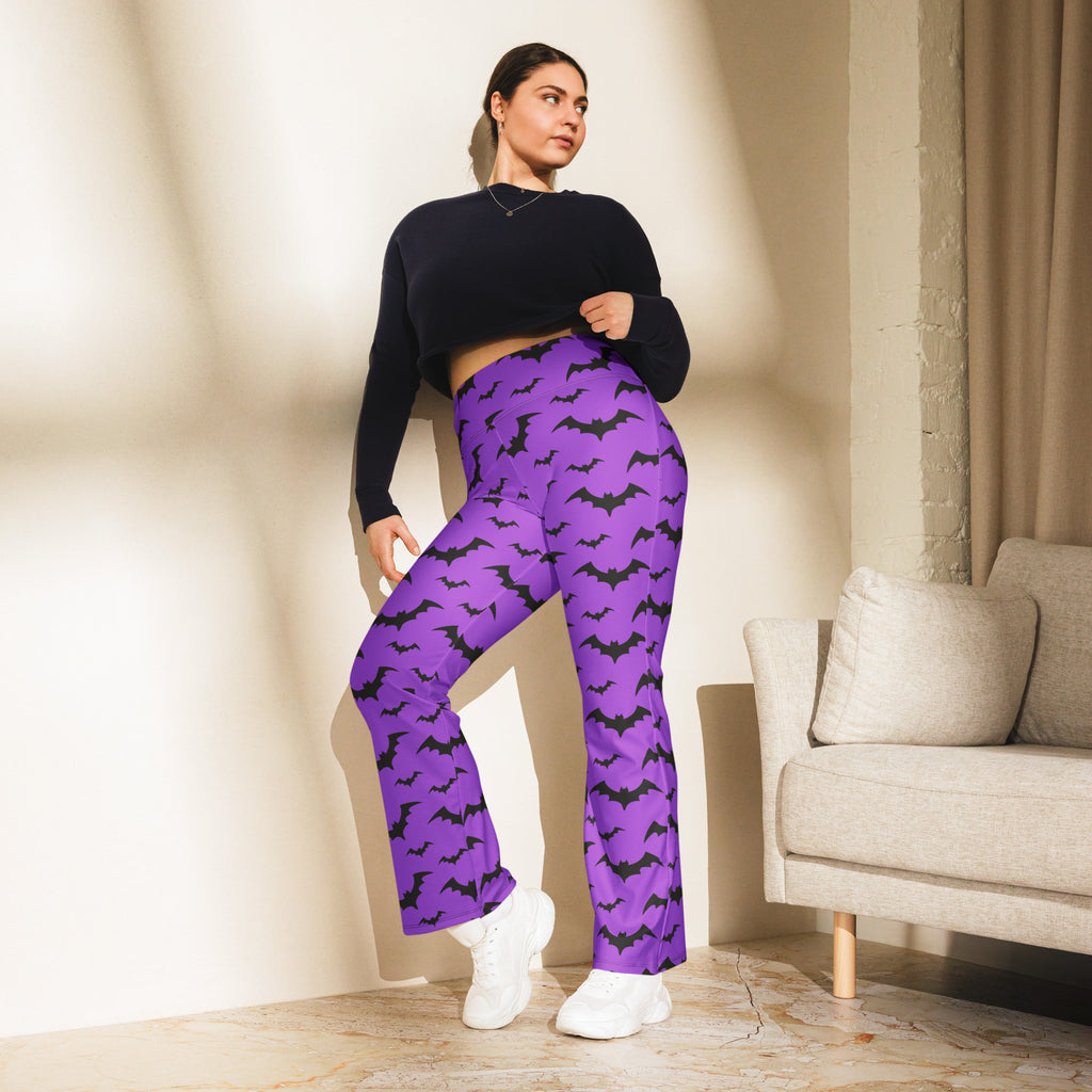 Women’s purple high waist flare leggings with black bat pattern perfect for halloween costumes and events