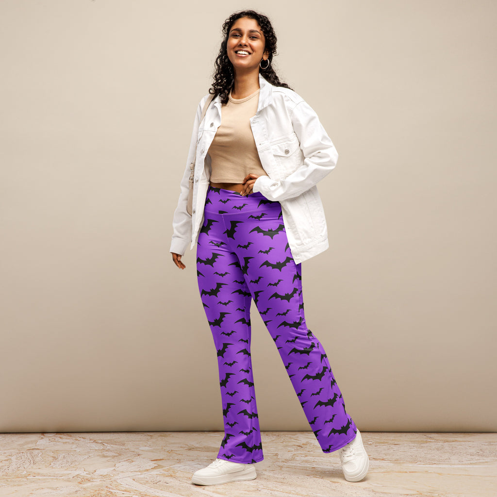 Women’s purple bats halloween high waist flare legging pants featuring bat print and flared silhouette
