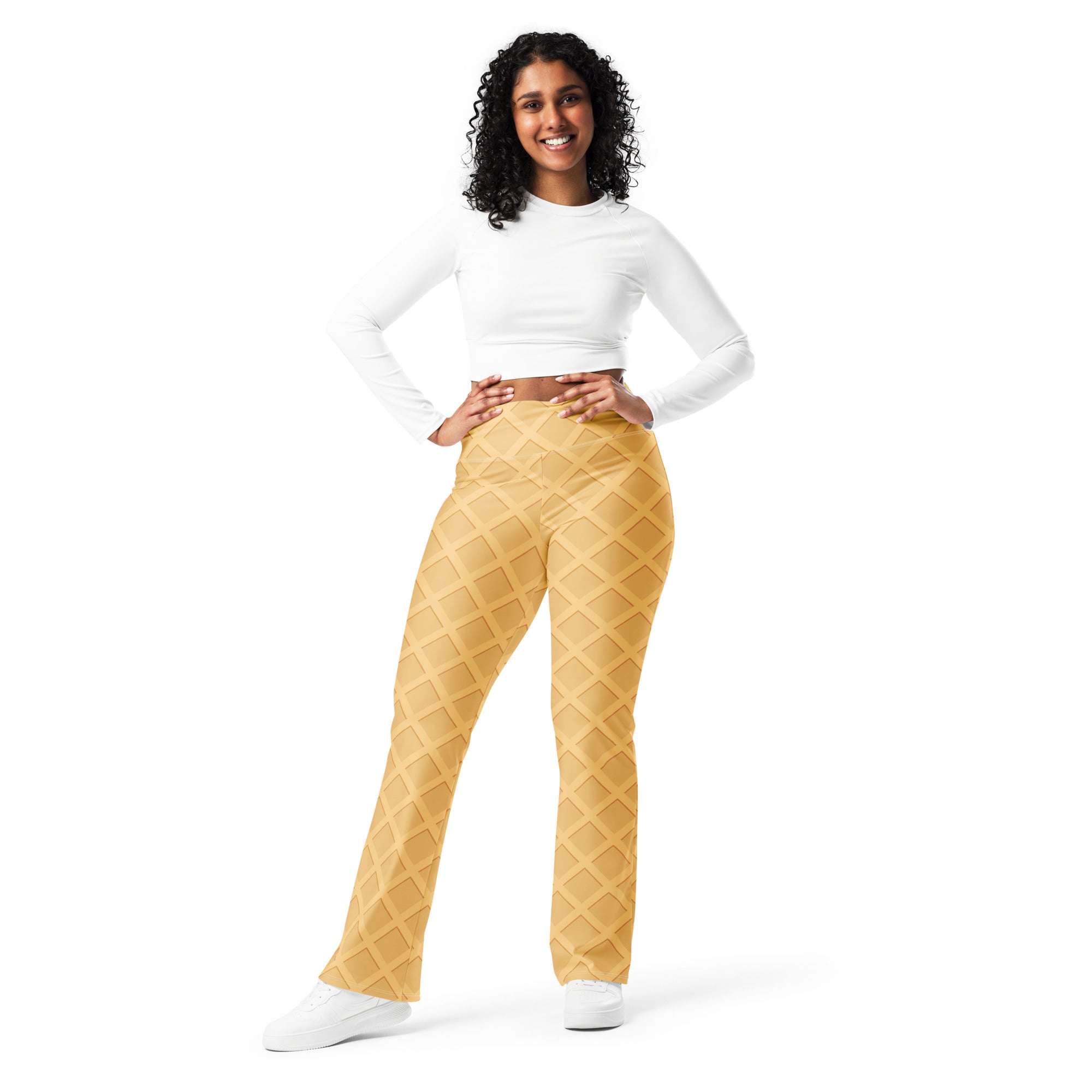 Yellow quilted waffle cone high waist flare legging pants made from waffle knit fabric for women