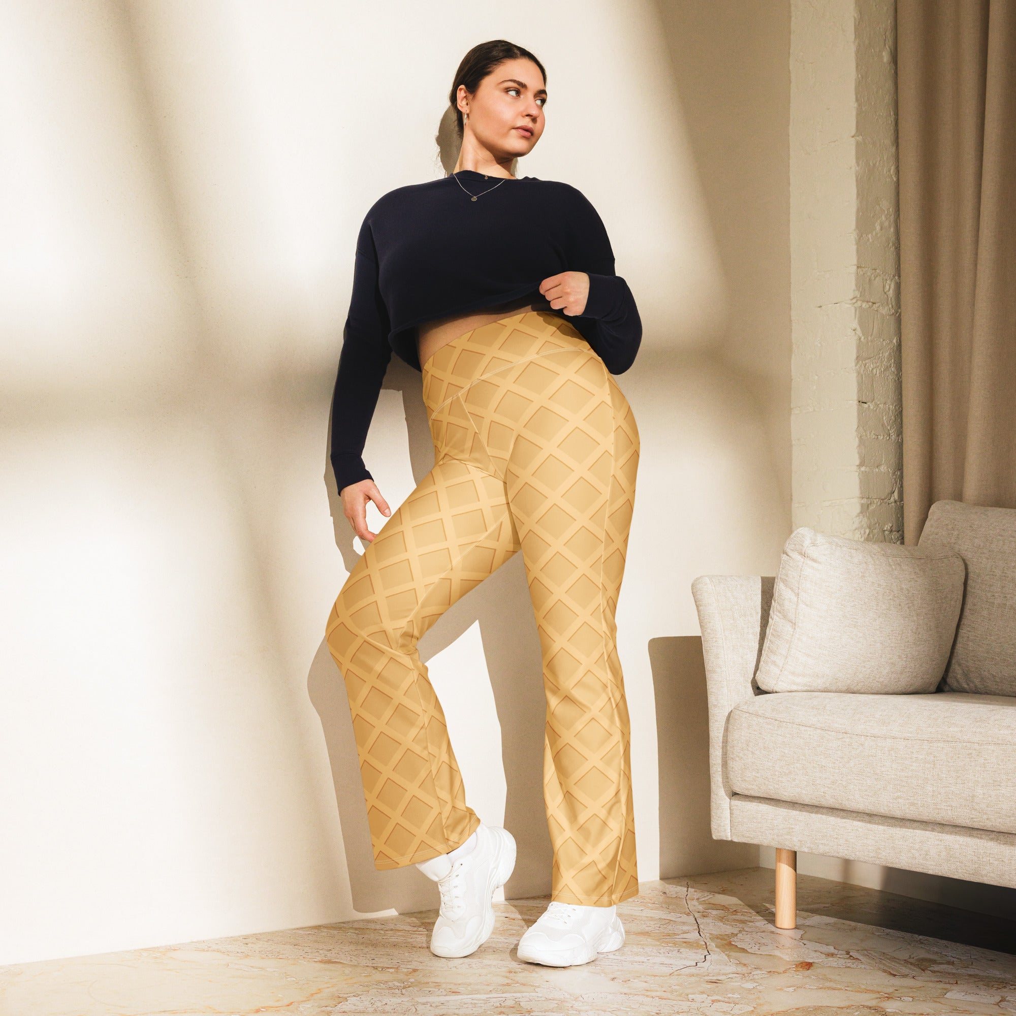 Women’s waffle cone high waist flare legging pants in golden quilted fabric with a high waist design