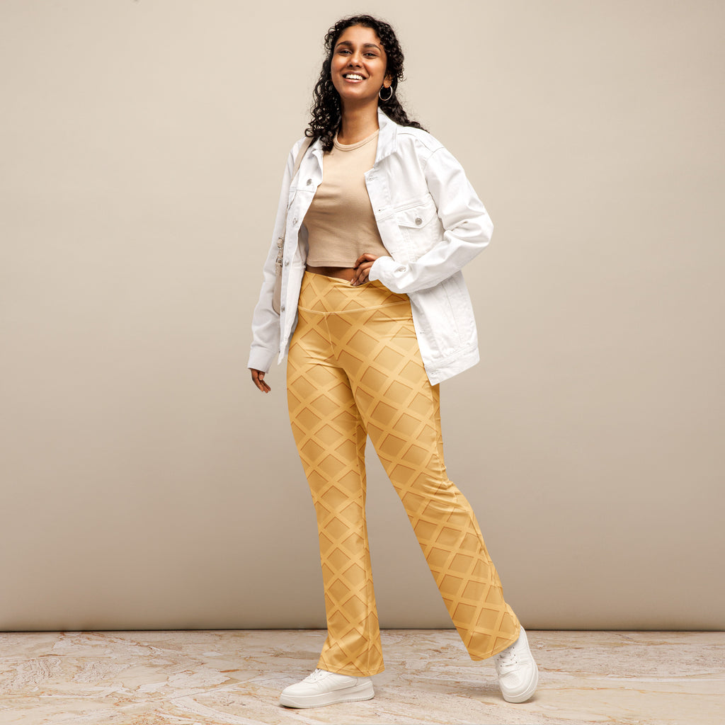 Yellow quilted high-waisted waffle cone flare legging pants for women made from textured fabric