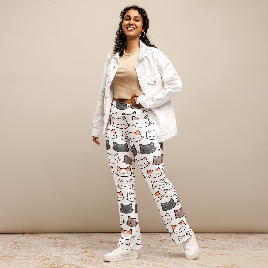 White high waist flare legging pants with playful multicolor cartoon cat print for women
