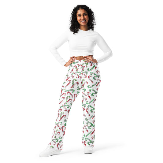 Women's Red & Green Candy Cane High Waist Flare Legging Pants